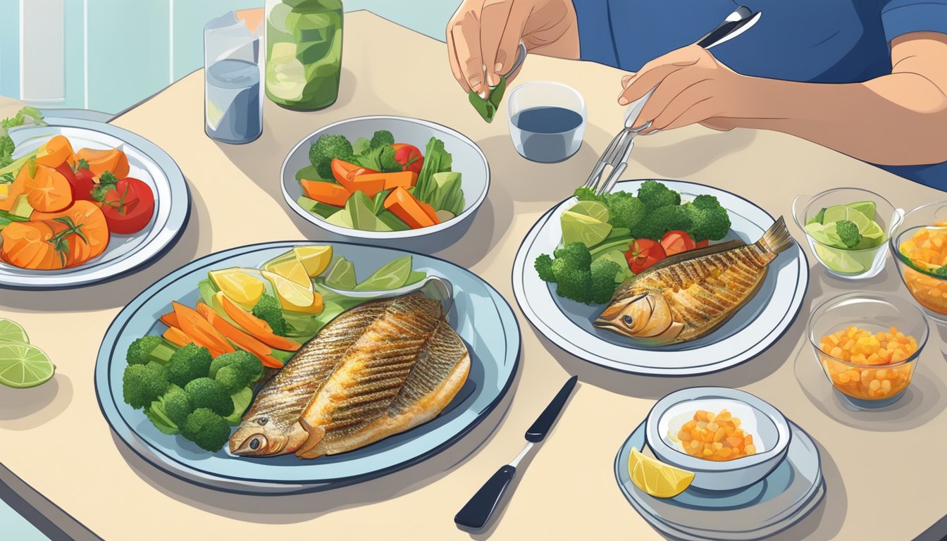 A person with diabetes preparing and enjoying a meal of grilled tilapia with a variety of colorful vegetables on a plate