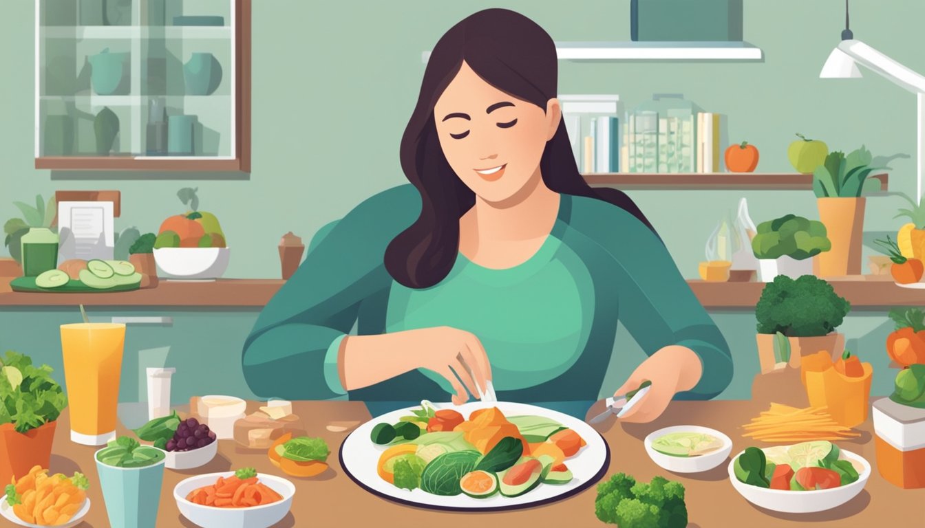 A diabetic person sitting at a table with a plate of tirokafteri, surrounded by various healthy food options and a nutritionist providing guidance