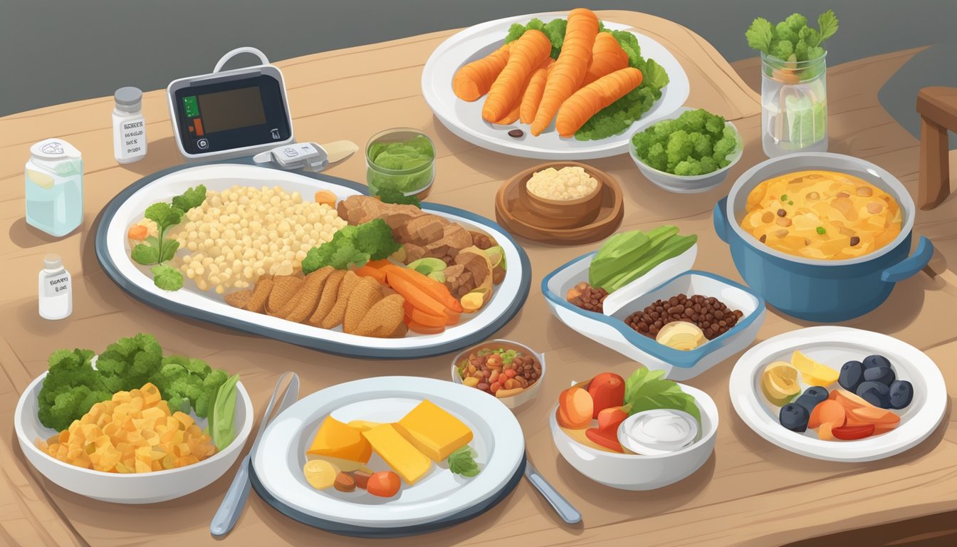 A table set with a variety of diabetic-friendly foods, including tirokafteri, surrounded by nutritional information and a blood glucose monitor