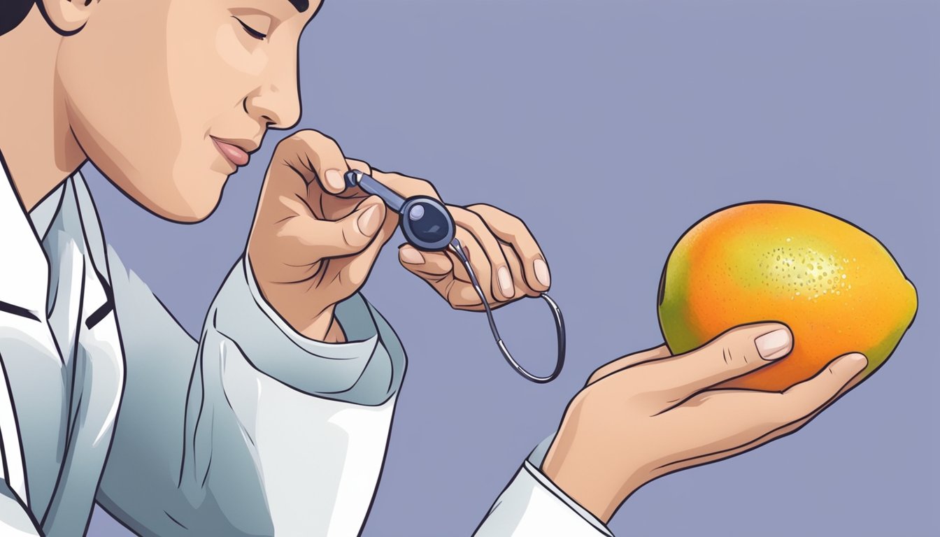 A diabetic carefully examines a wampee fruit, while a doctor's hand reaches out to offer guidance