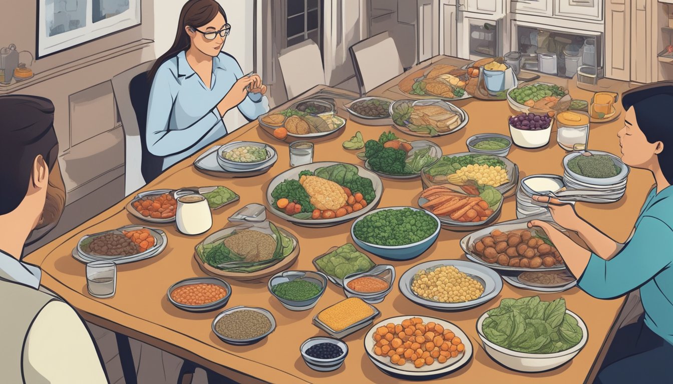 A diabetic person sitting at a dining table with a variety of foods, including trepang, while a nutritionist explains dietary impacts