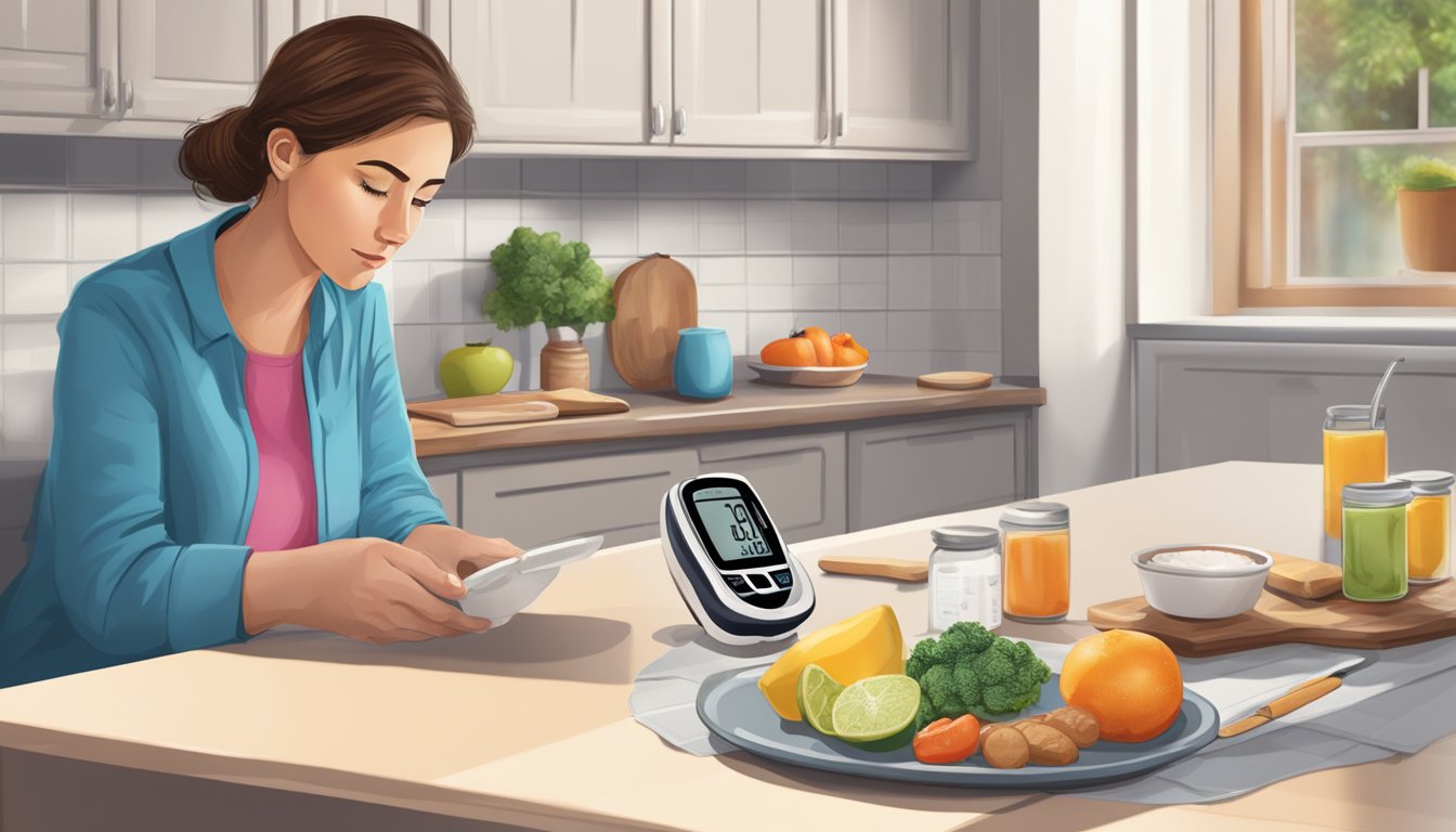 A spread of tirokafteri and a blood glucose meter on a kitchen counter, with a worried diabetic looking at the food