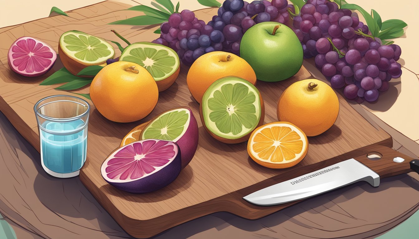 A colorful array of fresh wampee fruit arranged on a cutting board with a knife, alongside a measuring cup and a diabetes-friendly recipe book