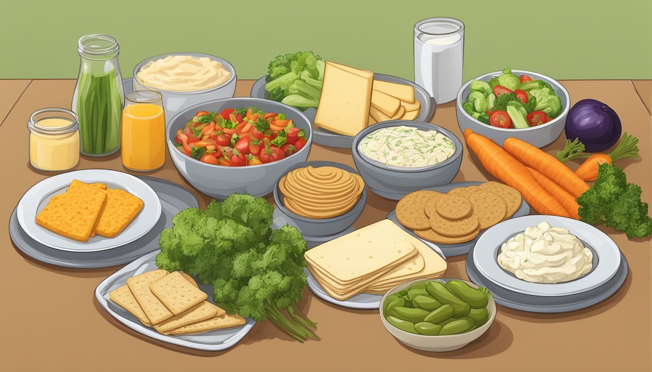 A table set with a variety of healthy food options, including fresh vegetables, whole grain crackers, and low-fat cheese spread