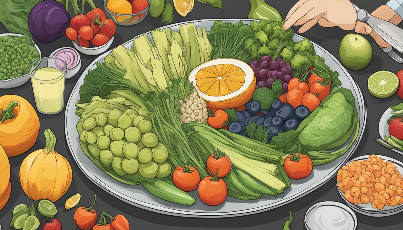 A plate of trepang surrounded by various fruits and vegetables, with a nutritionist analyzing its nutritional content