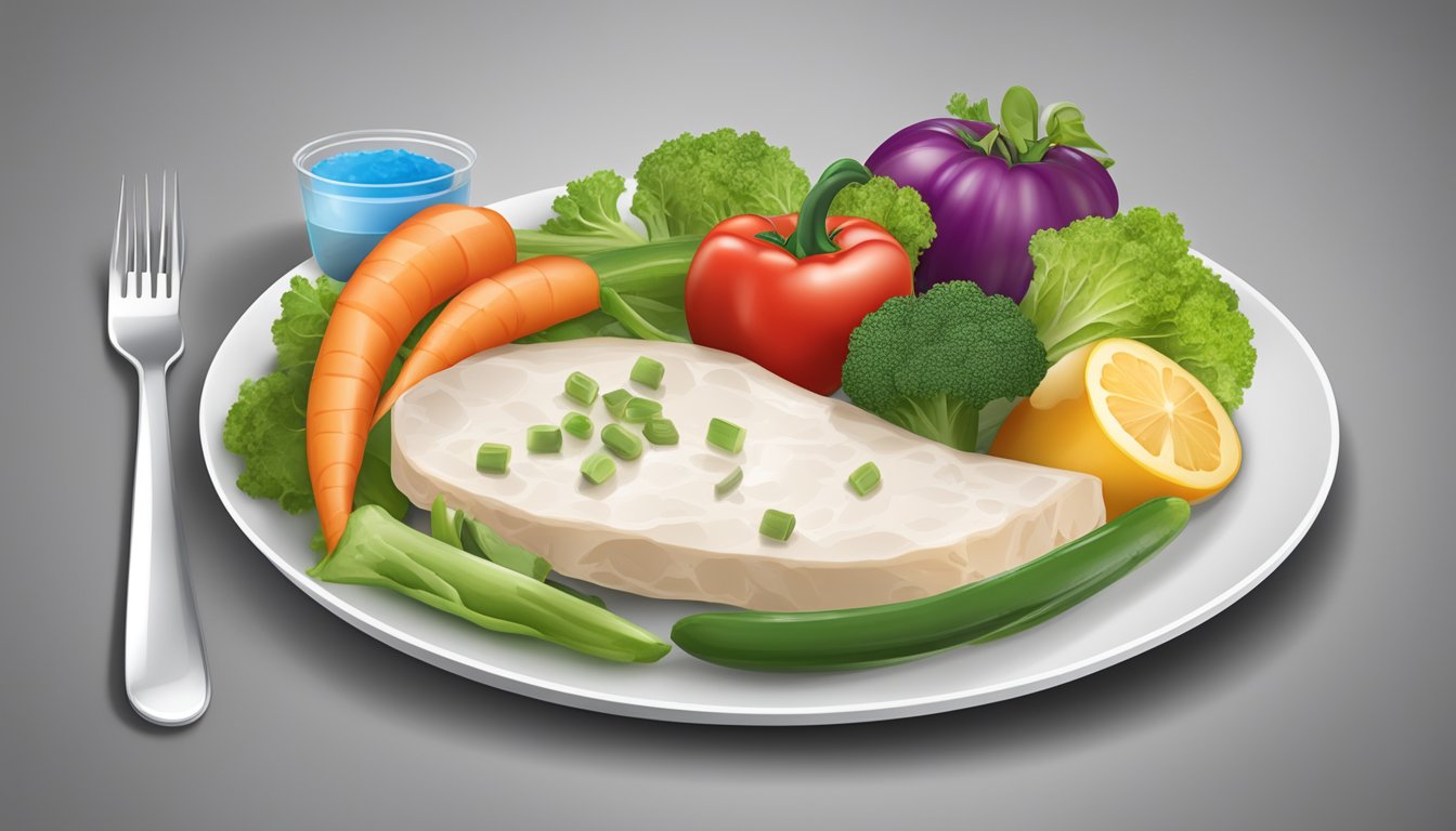 A plate with a balanced meal including tirokafteri, vegetables, and lean protein, with a diabetic testing kit nearby