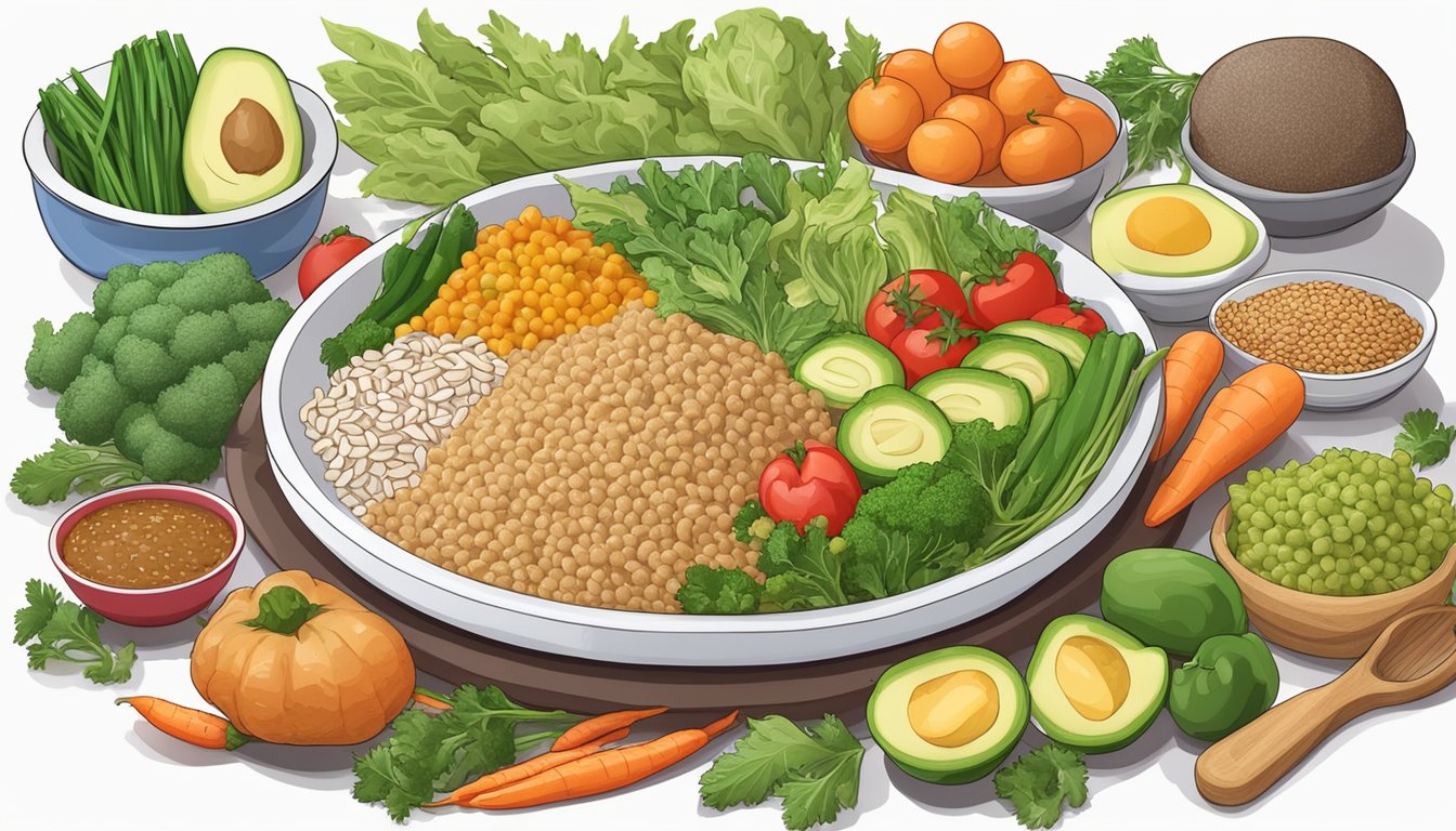 A colorful plate of diabetes-friendly foods, including trepang, surrounded by fresh vegetables and whole grains