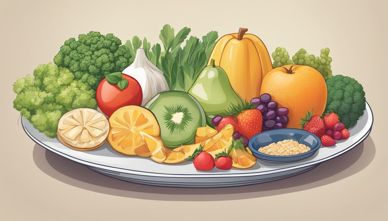 A plate with a variety of diabetic-friendly foods, including fruits, vegetables, lean proteins, and whole grains, with a clear distinction between foods to embrace and foods to avoid