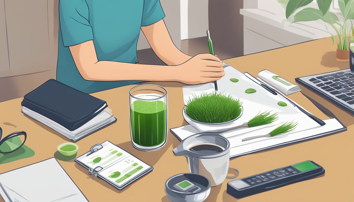 A diabetic person enjoying a glass of wheatgrass juice while surrounded by diabetes management tools and resources