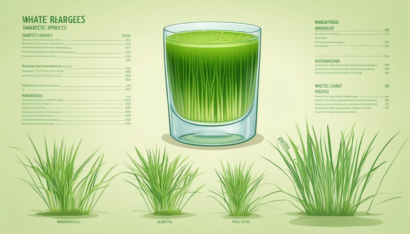 A glass of wheatgrass juice surrounded by fresh wheatgrass sprouts, with a nutritional chart showing its diabetic-friendly properties