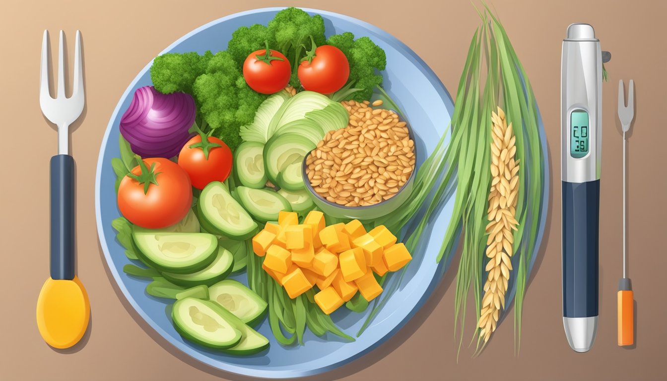 A colorful plate with triticale, vegetables, and lean protein, surrounded by a measuring tape and blood sugar monitor