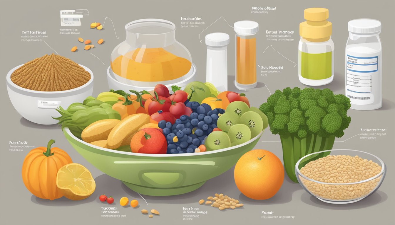 A bowl of triticale grains surrounded by a variety of fruits and vegetables, with a diabetic testing kit and a nutrition label nearby