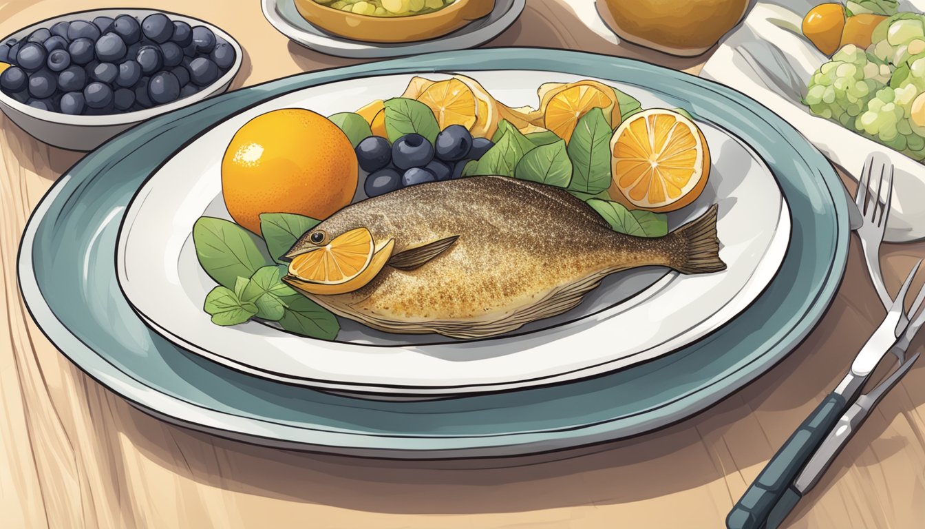 A plate of assorted fruits next to a cooked turbot, with a diabetic-friendly meal plan in the background