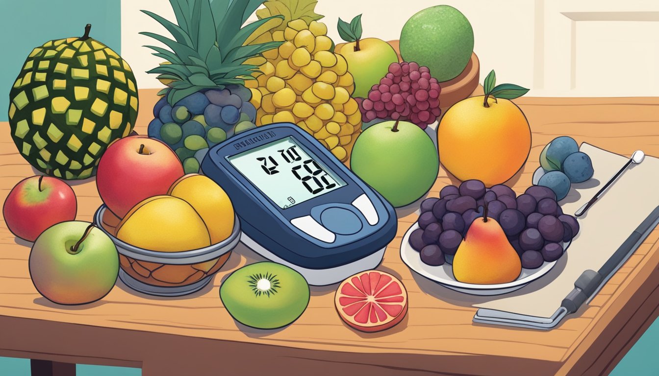 A variety of fruits arranged on a table, with a blood sugar monitor nearby. A diabetic person is contemplating whether to eat turbot