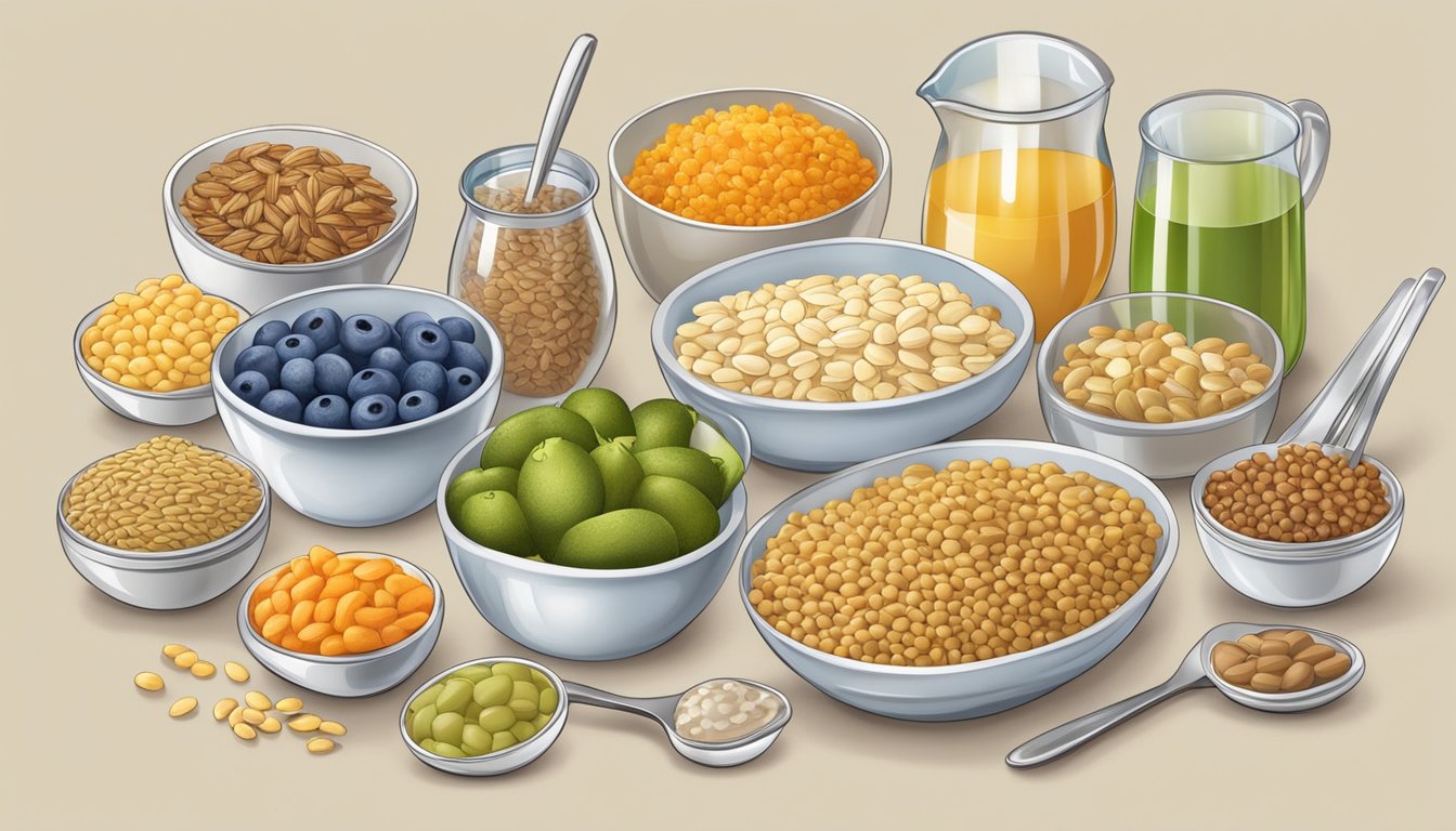 A table with a variety of balanced diabetic diet foods, including triticale, surrounded by measuring cups and spoons