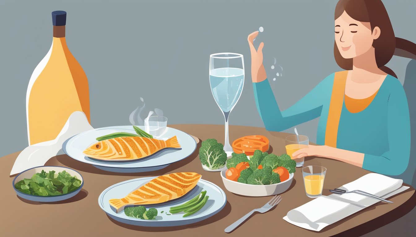 A person with diabetes enjoying a plate of grilled turbot with a side of vegetables and a glass of water on a clean, modern table