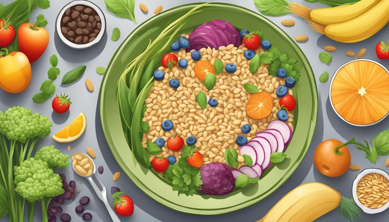 A colorful plate with triticale, vegetables, and lean protein, surrounded by a variety of whole grains and fruits