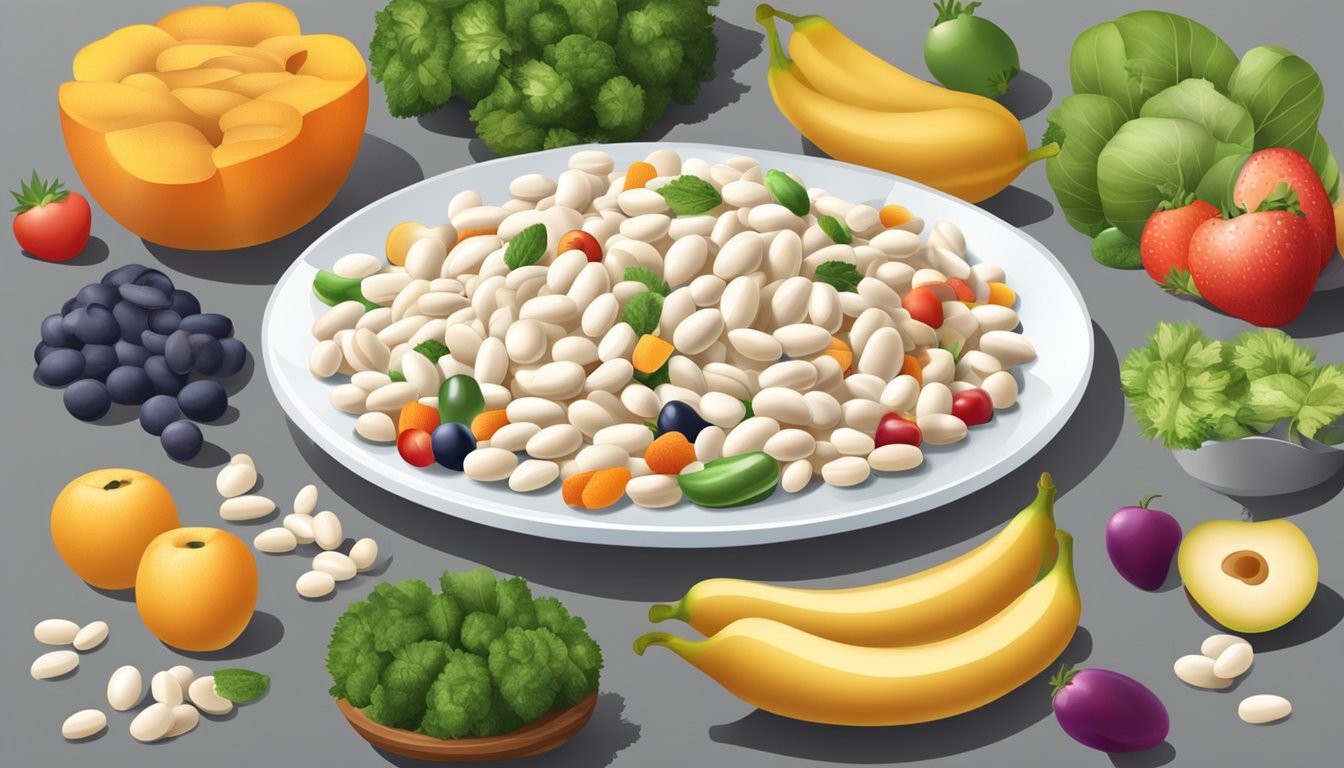 A plate of white kidney beans surrounded by a variety of colorful fruits and vegetables, with a nutrition label in the background