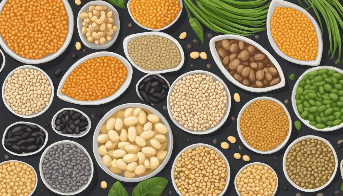 A variety of legumes arranged in a circle with a pile of white kidney beans in the center, surrounded by lentils, chickpeas, and black beans