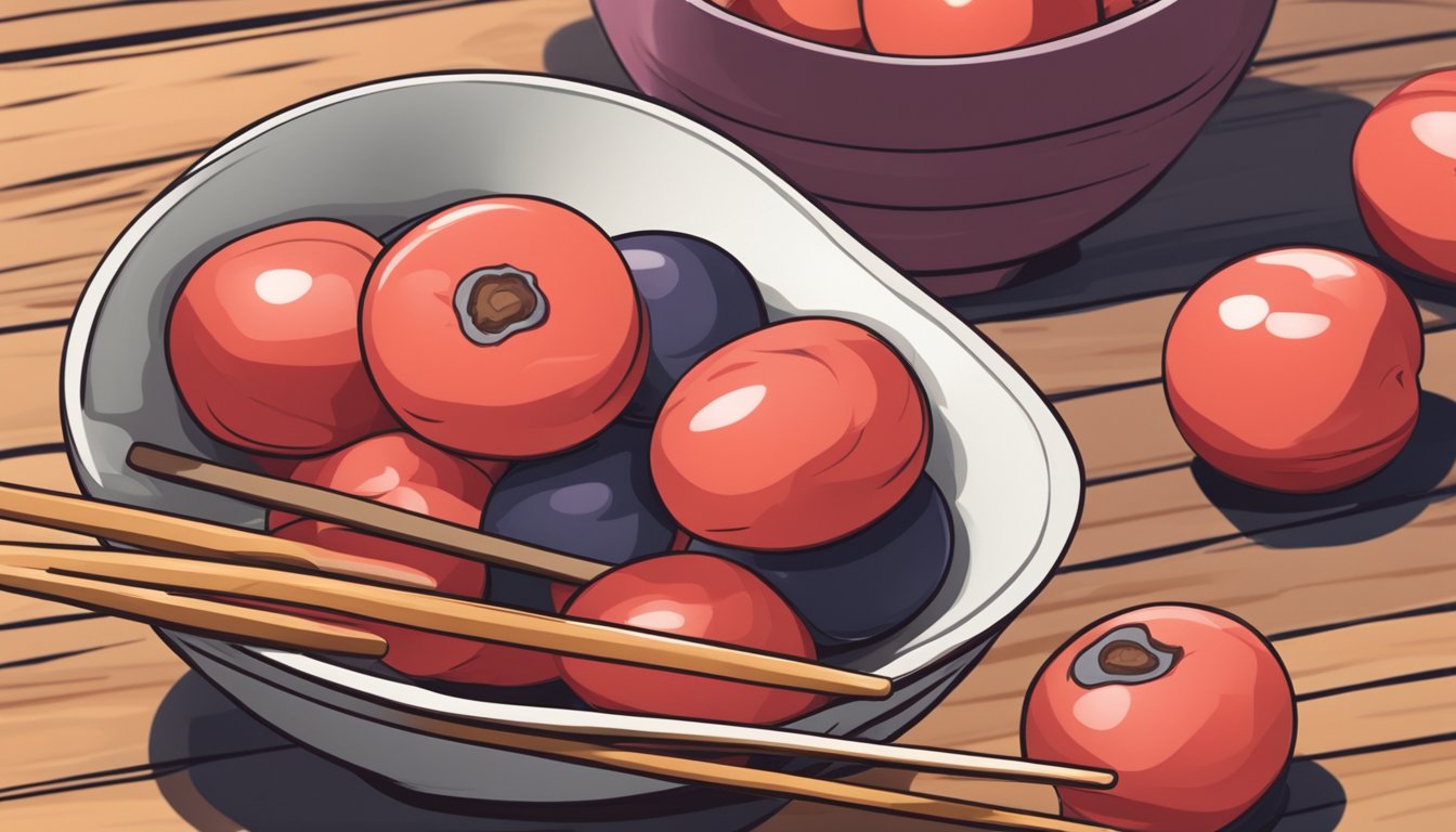 A small bowl of umeboshi sits on a wooden table, surrounded by a few whole plums and a pair of chopsticks