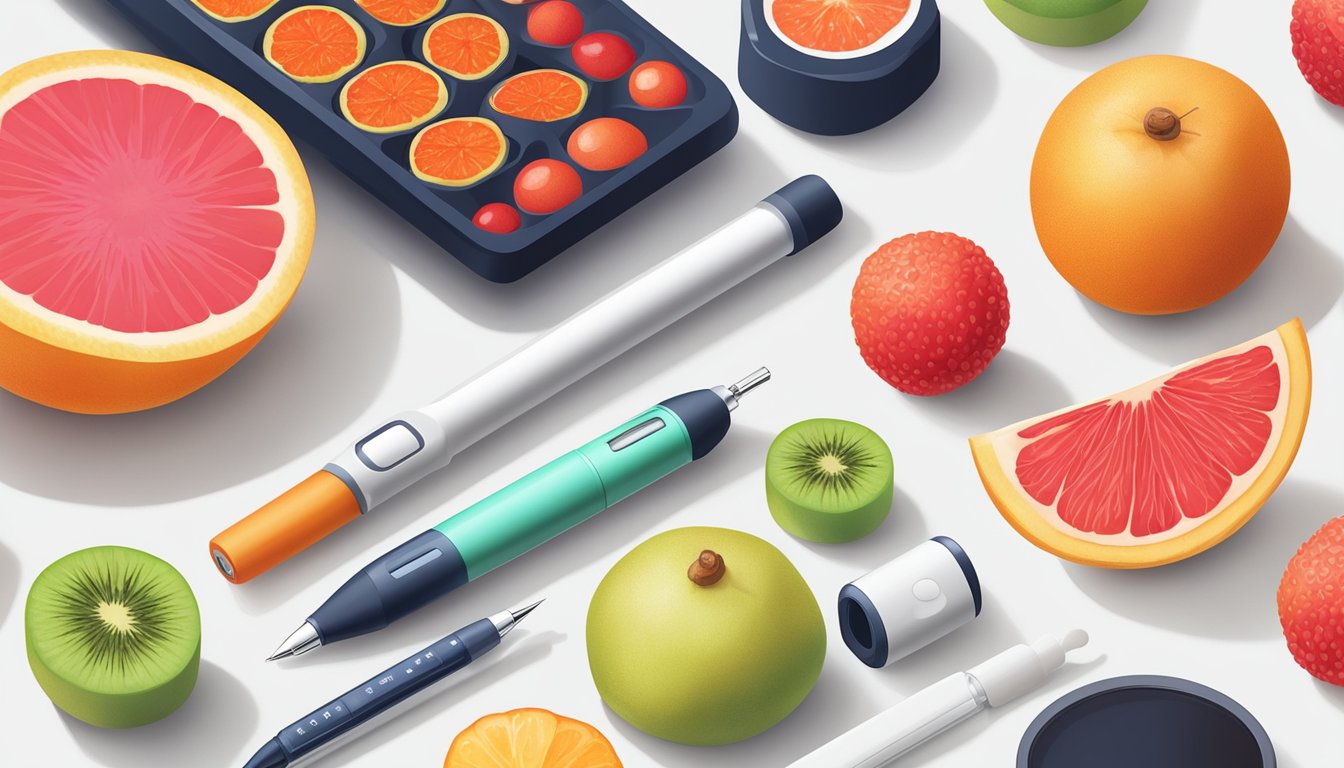 A colorful assortment of fruits, including umeboshi, arranged on a clean, white surface with a glucose meter and insulin pen nearby