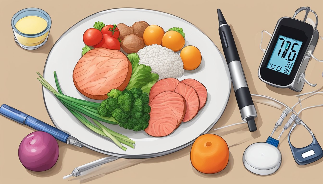 A plate with a balanced meal including umeboshi, vegetables, and lean protein, alongside a blood glucose monitor and insulin pen