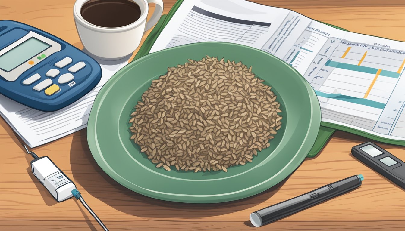 A plate of wild rice, a blood glucose monitor, and a diabetes education pamphlet on a table