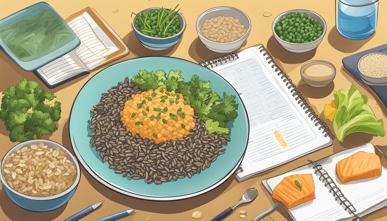 A colorful plate with measured portions of wild rice, vegetables, and lean protein, surrounded by a notebook with carbohydrate counting and meal planning notes