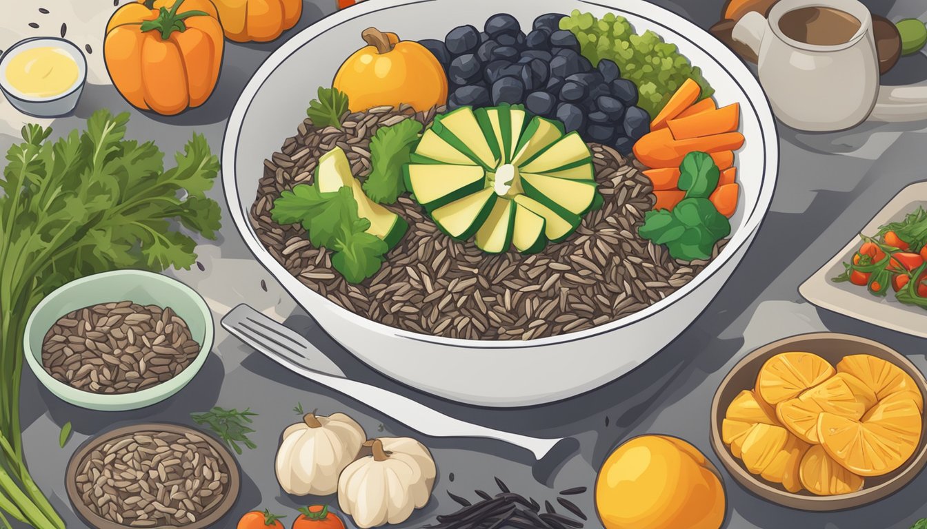 A bowl of cooked wild rice surrounded by various fresh vegetables and fruits, with a diabetes awareness ribbon placed next to it