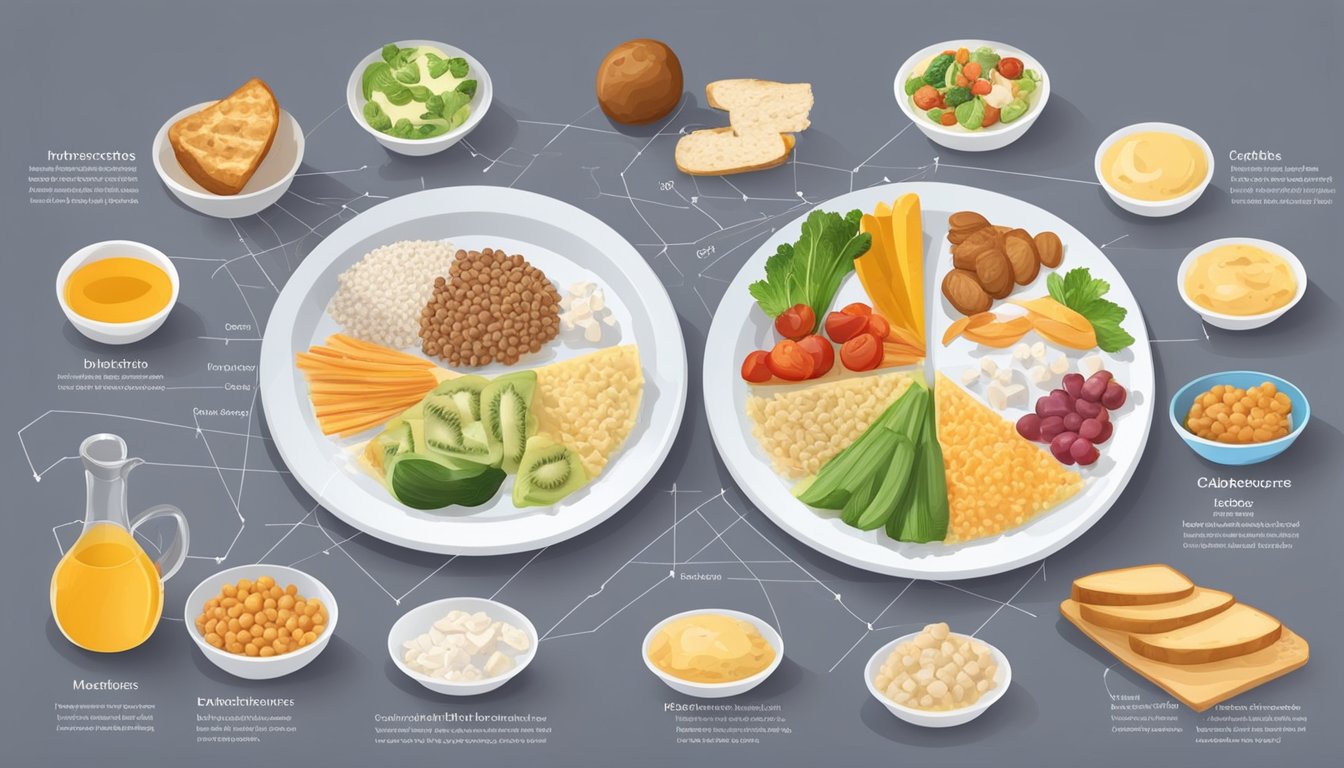 A plate with a variety of carbohydrate-rich foods, including vetches, surrounded by informational charts and diagrams about diabetic diet and health considerations