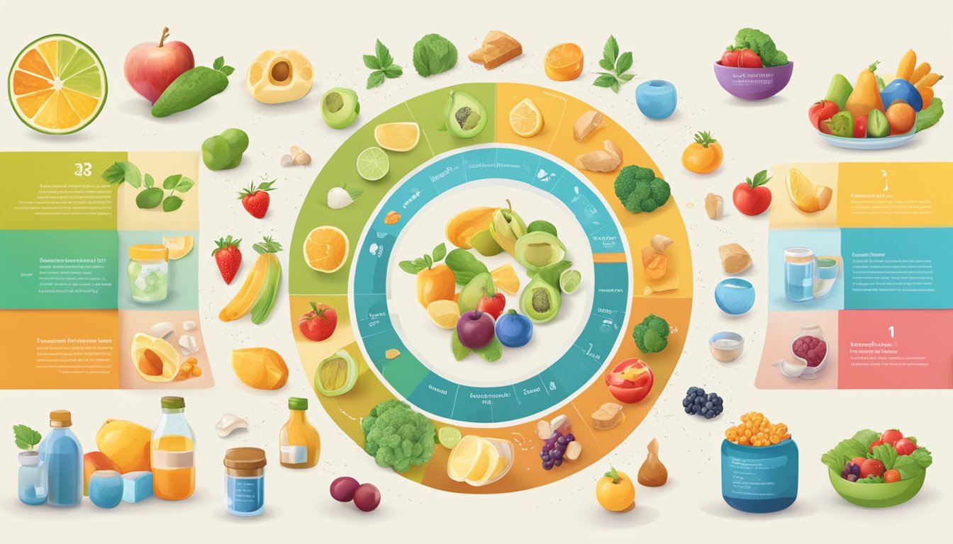 A colorful illustration of vetches surrounded by icons representing their nutritional profile and benefits, with a focus on health considerations for diabetics