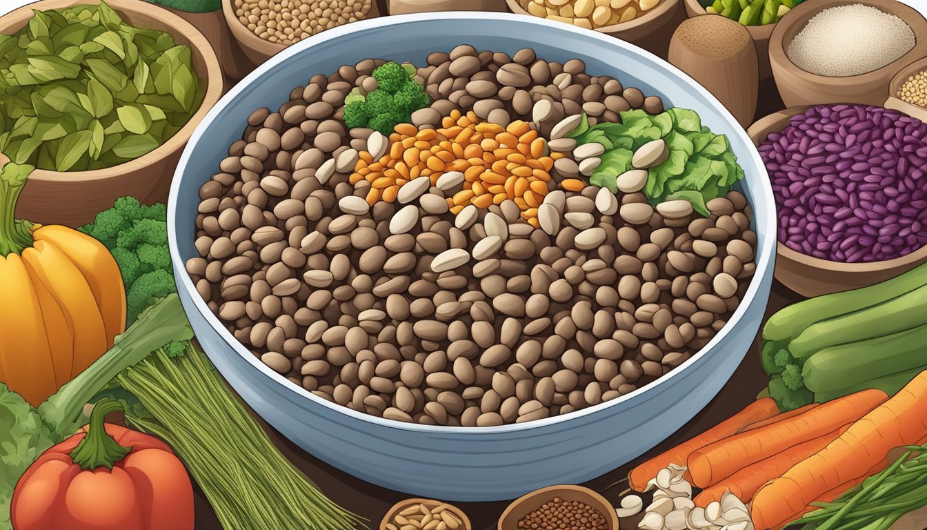 A bowl of cooked urad beans surrounded by a variety of colorful vegetables and spices, with a diabetic-friendly label displayed prominently