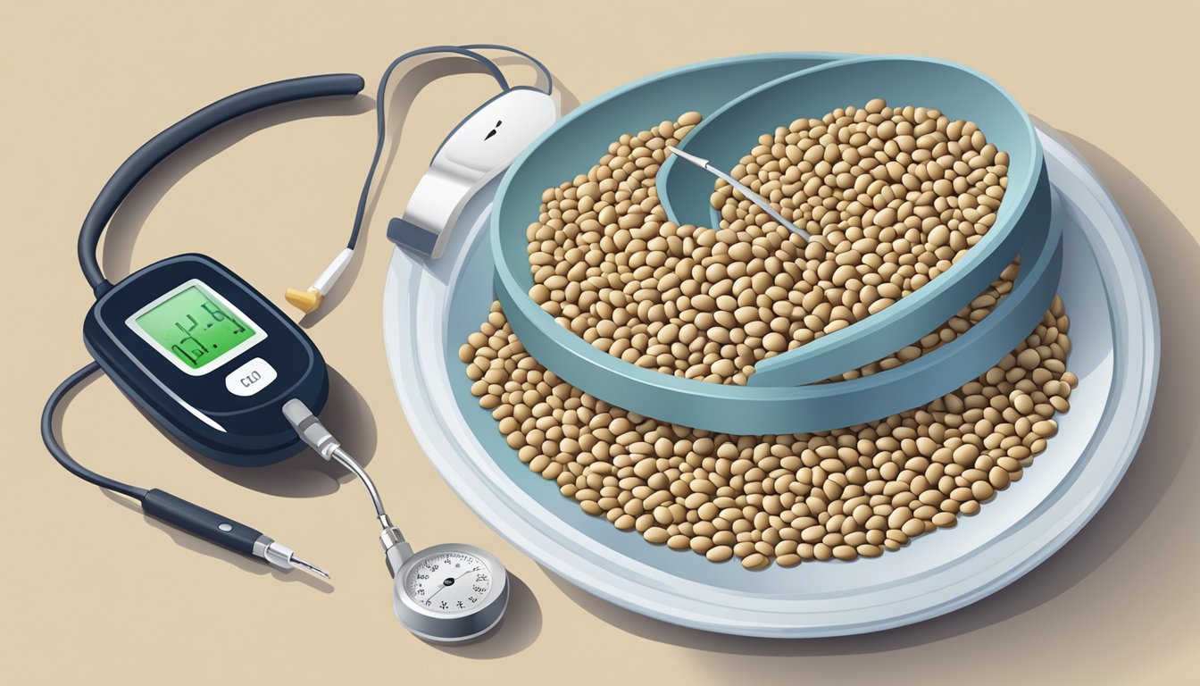 A plate of urad beans surrounded by medical supplies and a blood glucose monitor