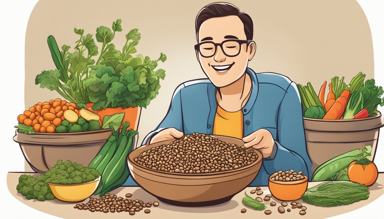 A diabetic person happily eating a bowl of urad beans with a variety of colorful vegetables and spices