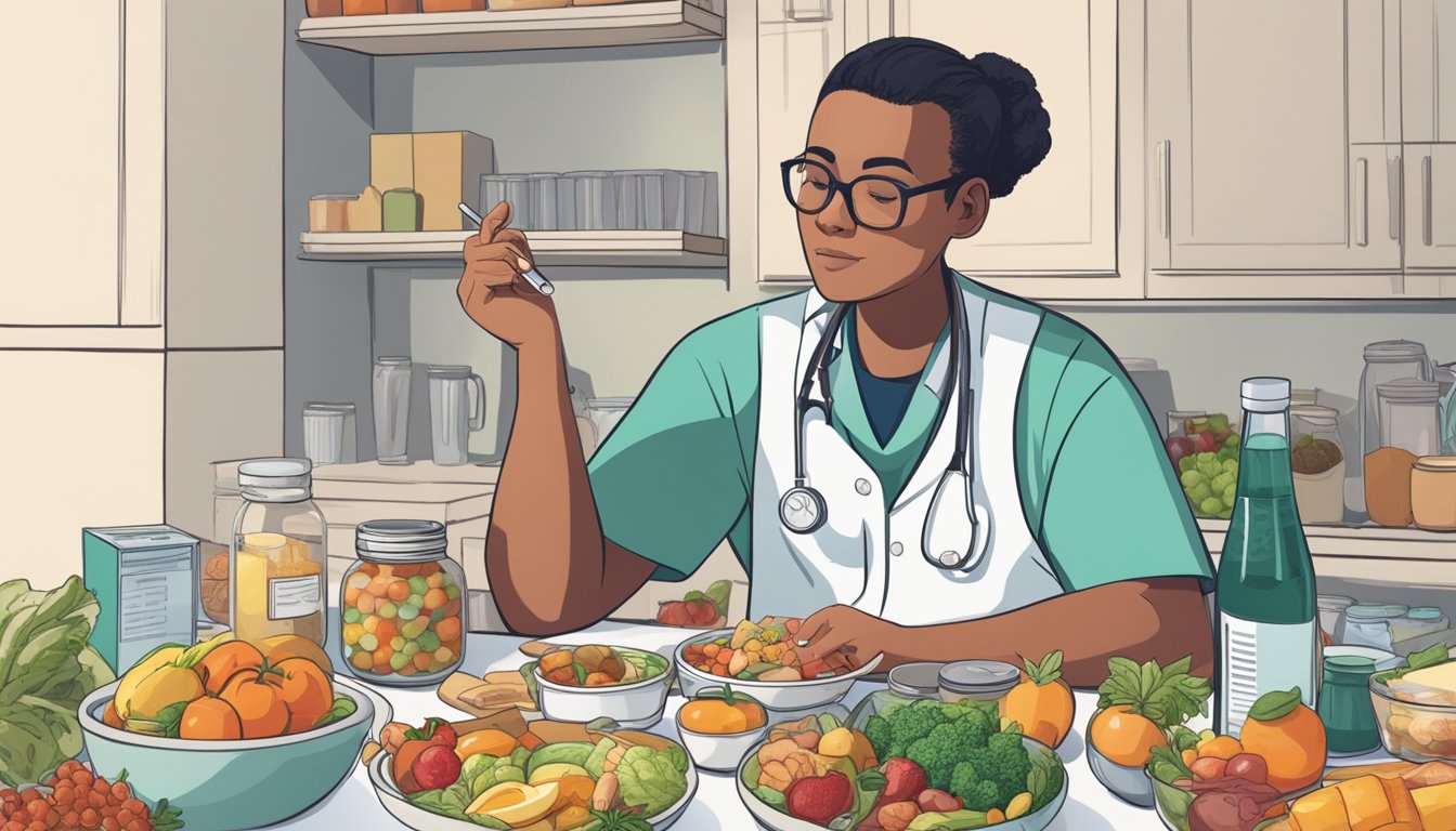 A diabetic person sitting at a table with a variety of foods, including vetches, while a healthcare professional explains dietary considerations