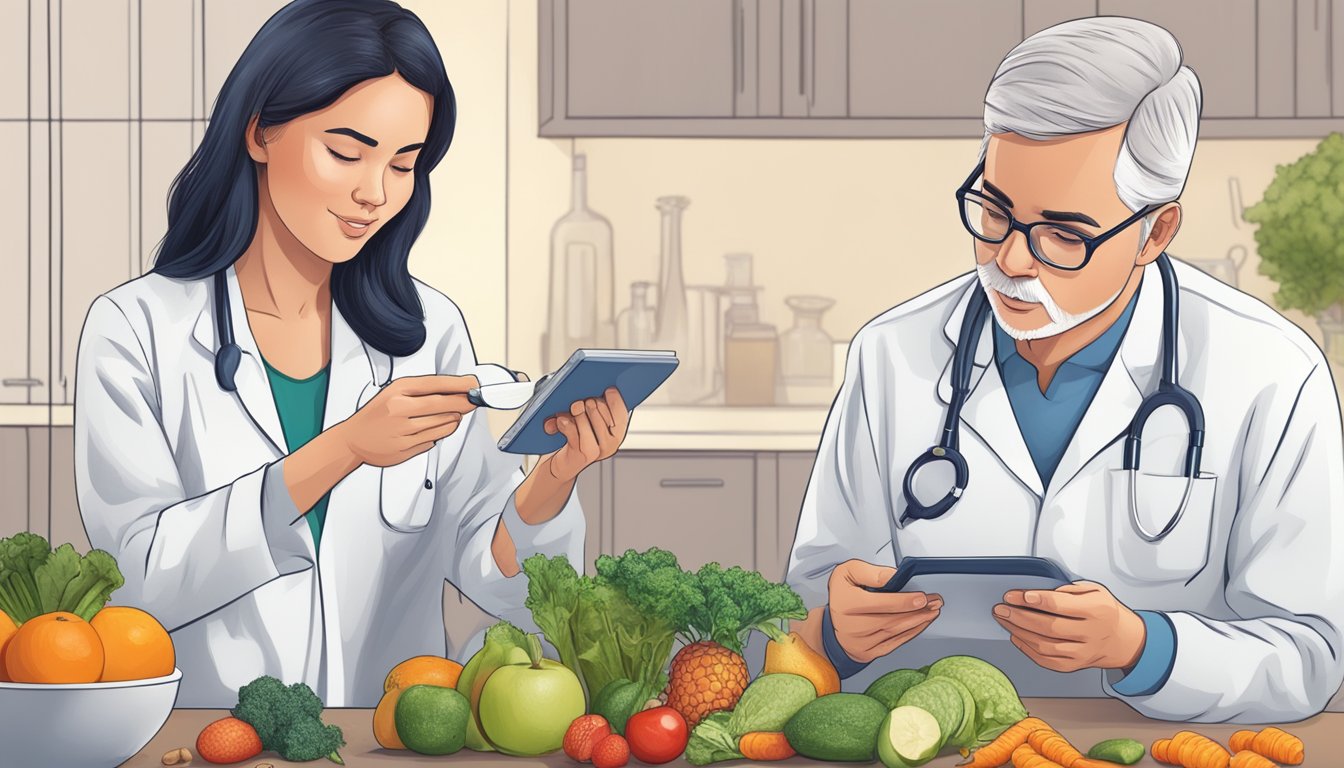 A diabetic person carefully inspecting a variety of vetches, with a nutritionist explaining health considerations