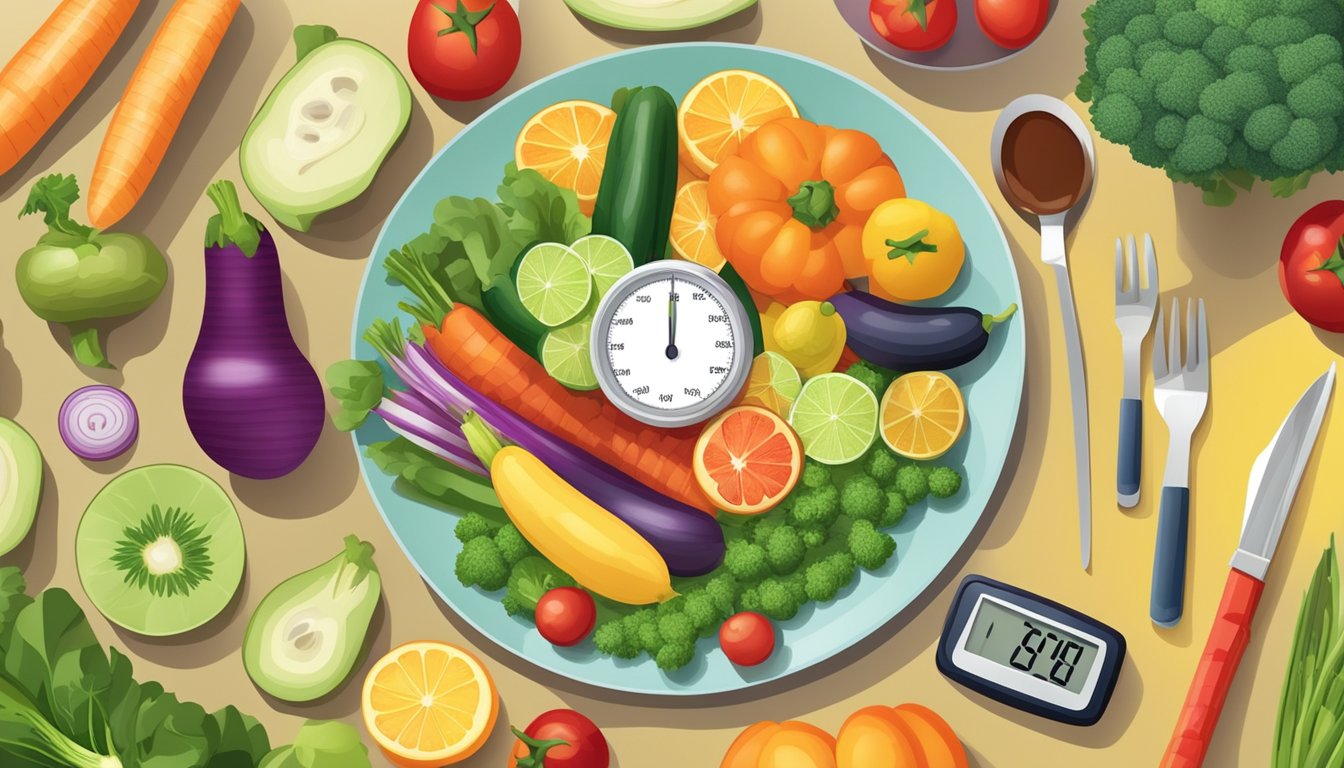 A plate of vetches surrounded by a variety of colorful vegetables and fruits, with a measuring tape and a blood sugar monitor nearby