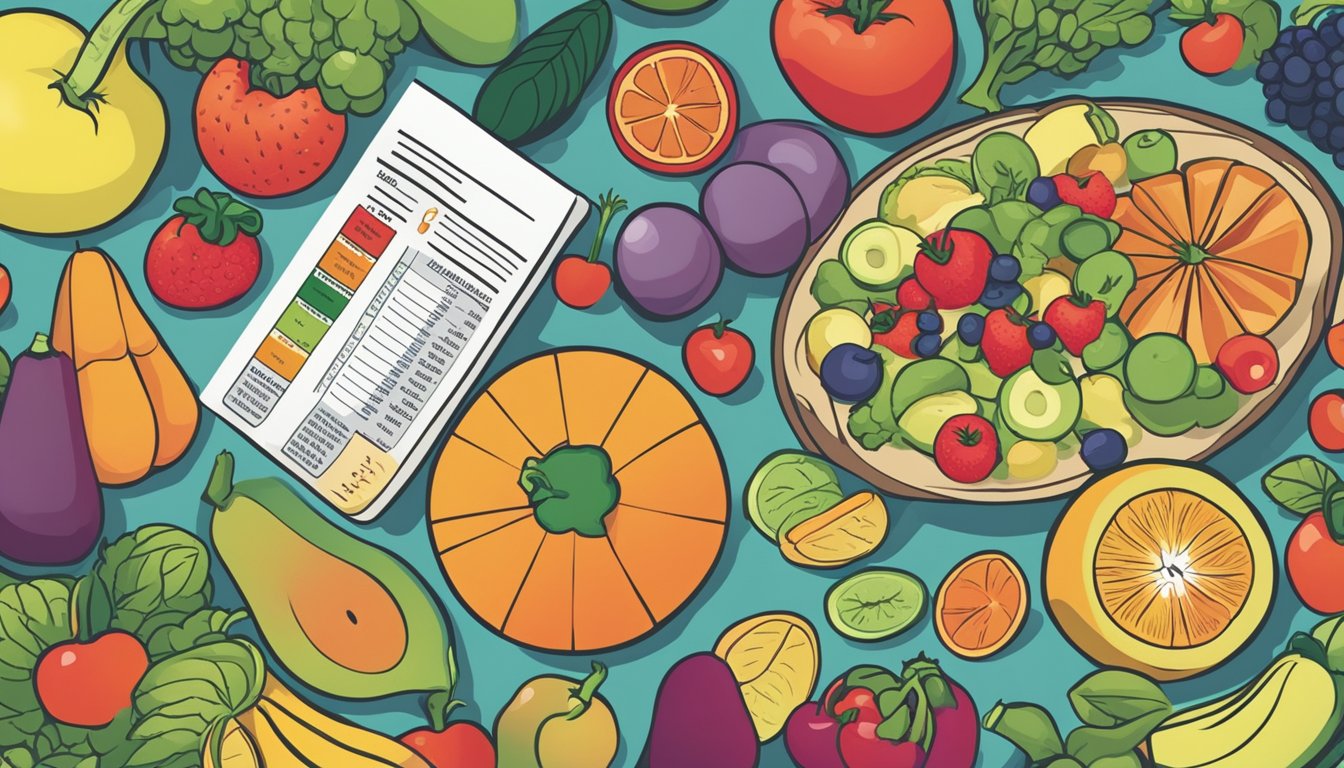 A colorful array of fruits and vegetables, including voavanga, are displayed next to a nutrition label. A diabetic person is reading a pamphlet about blood sugar management