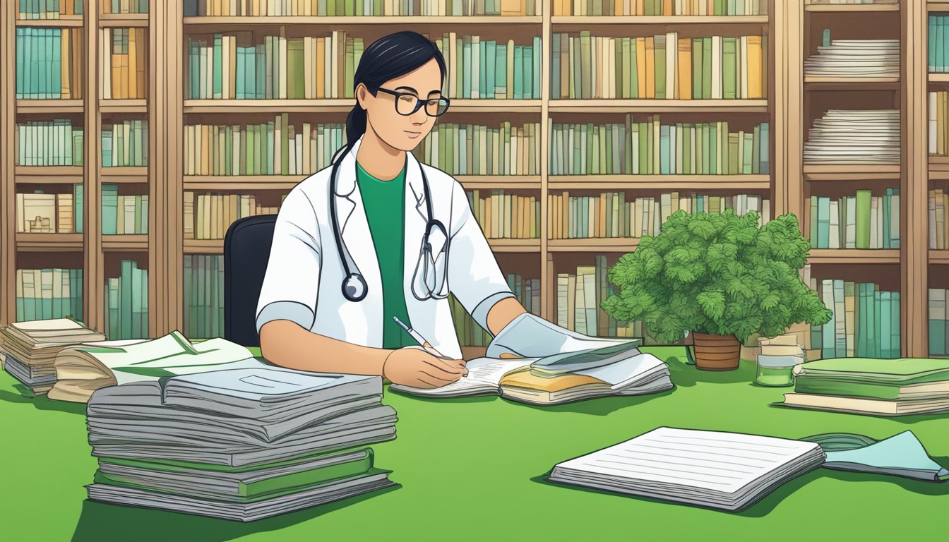 A field of vibrant green vetches, with a diabetic person pondering over a bowl of vetches, surrounded by medical books and a doctor's note