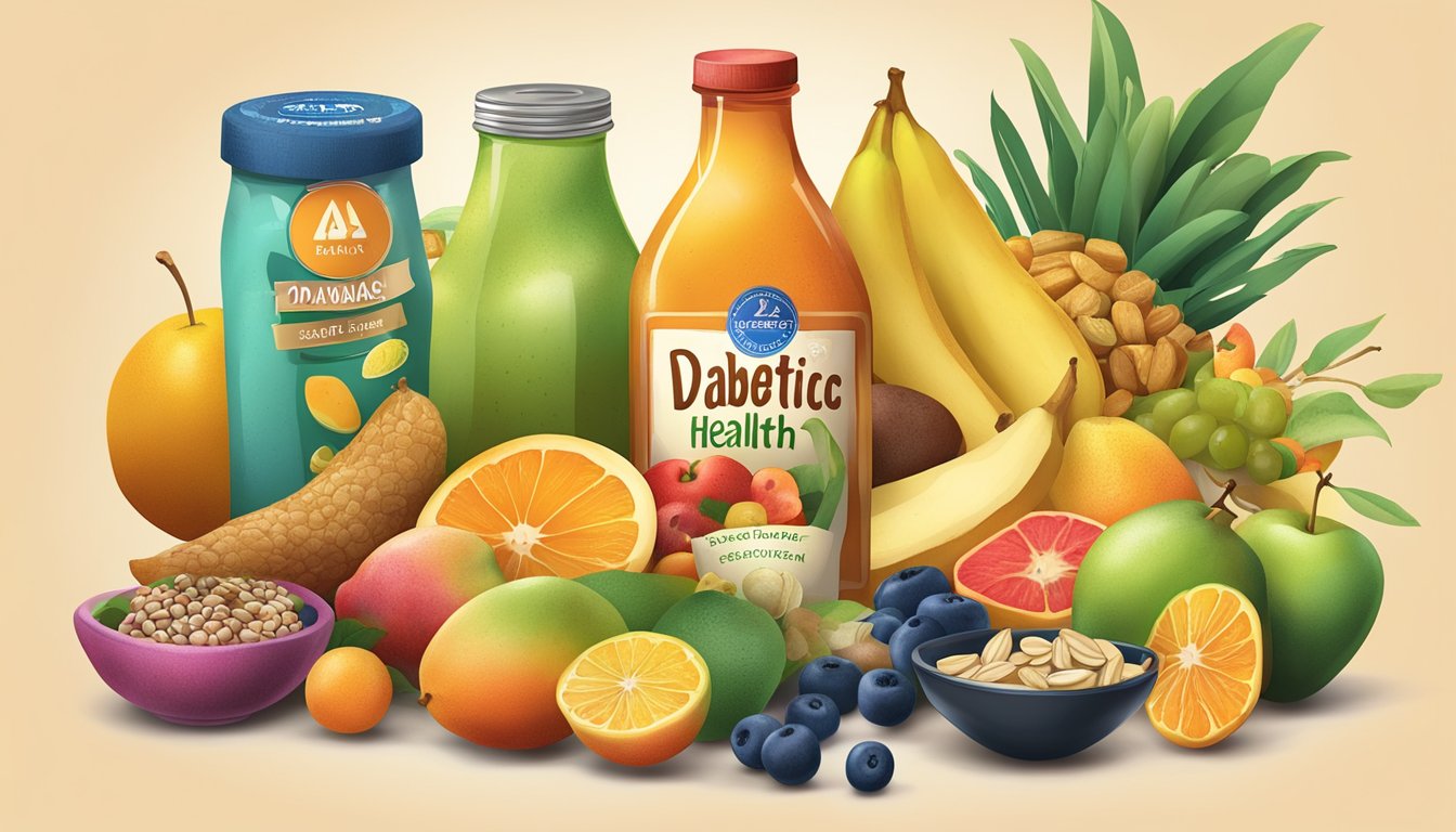 A colorful spread of voavanga fruit surrounded by various diabetic-friendly foods, with a prominent "diabetic health" label