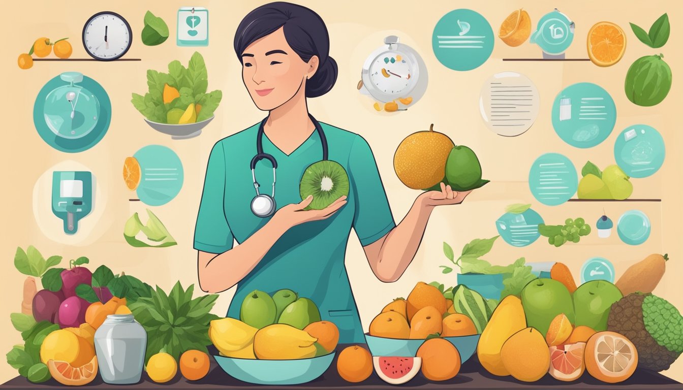 A dietician holding a voavanga fruit, surrounded by various food items and a medical chart, with caution signs and healthy eating guidelines displayed