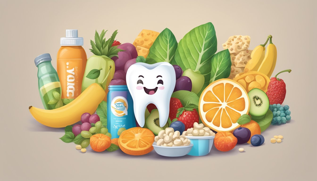 A smiling tooth surrounded by xylitol-containing foods and diabetic-friendly snacks