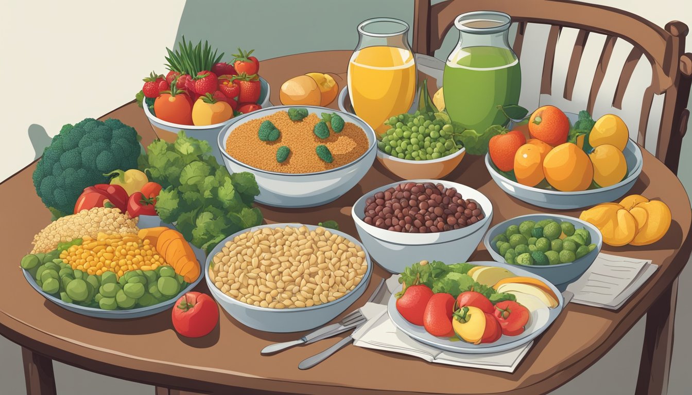 A table set with a variety of nutrient-rich foods, including fruits, vegetables, and whole grains. A diabetic person is reading a book about nutritional benefits and risks