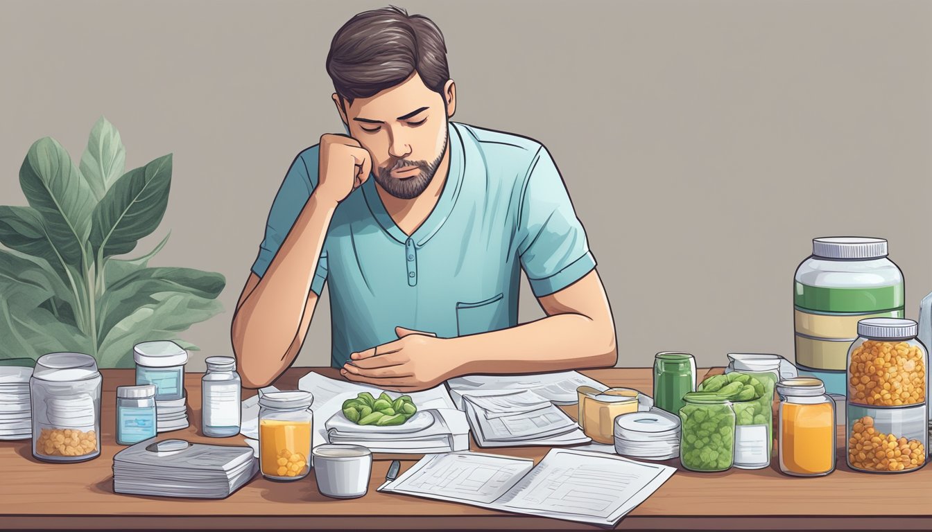 A diabetic person pondering over a table filled with xylitol-containing foods, surrounded by medical documents and a concerned expression