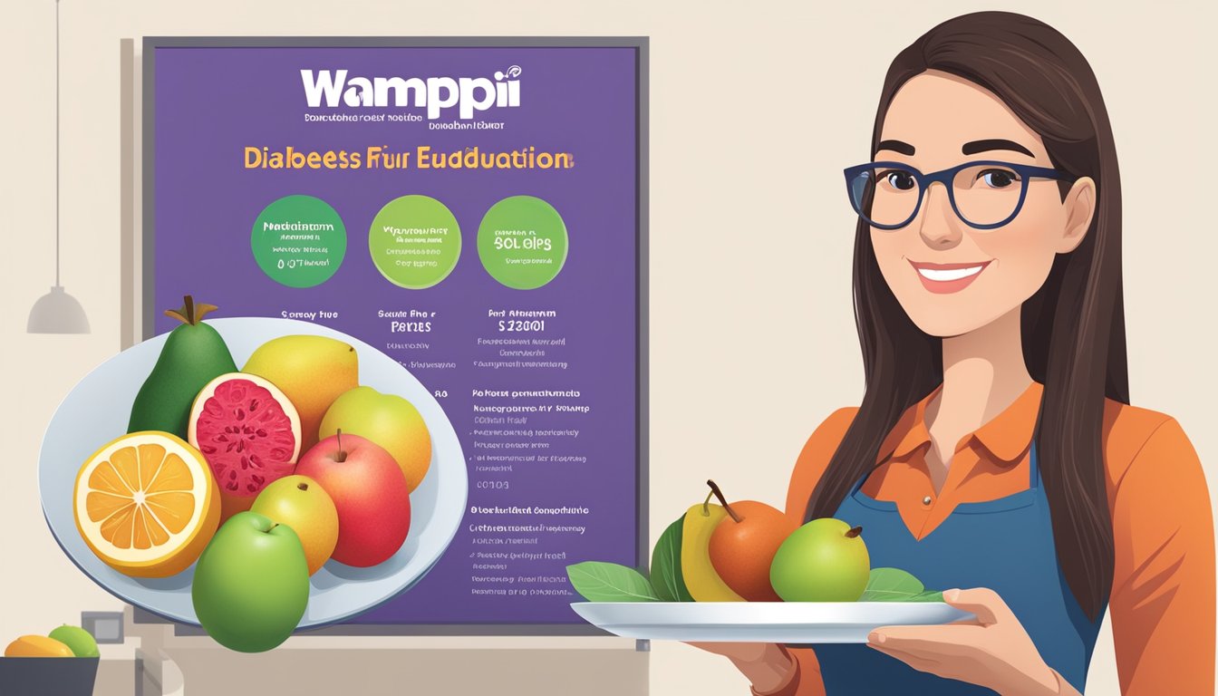 A dietician holding a plate of wampi fruit next to a diabetes education poster