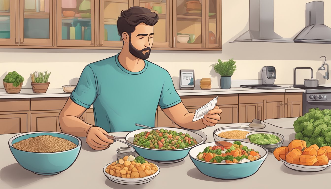 A diabetic person sitting at a dining table with a bowl of vialone nano rice and various food items, looking at a nutrition label and a diabetes-friendly meal plan