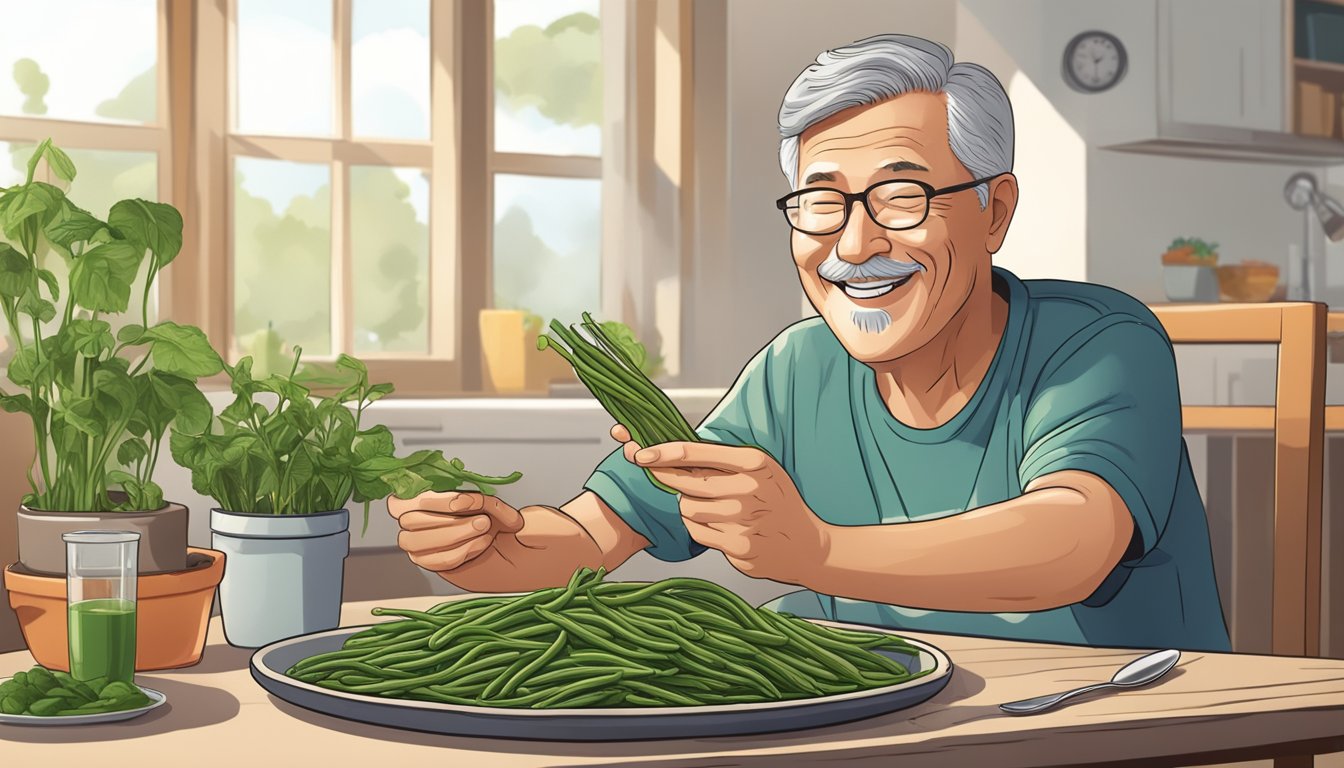 A diabetic person happily eating yardlong beans with a balanced meal on the table