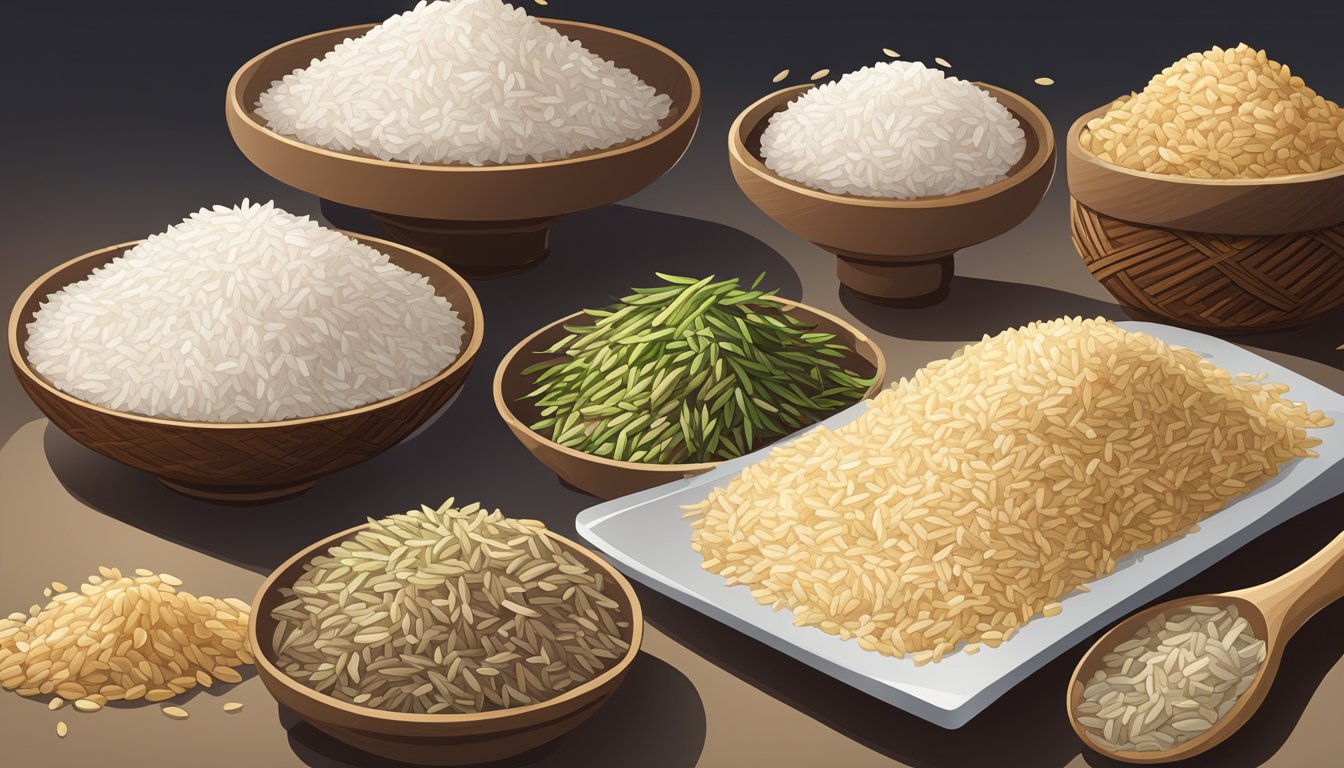 A variety of rice grains arranged on a table, with a label indicating "Vialone Nano" rice, alongside other types of rice