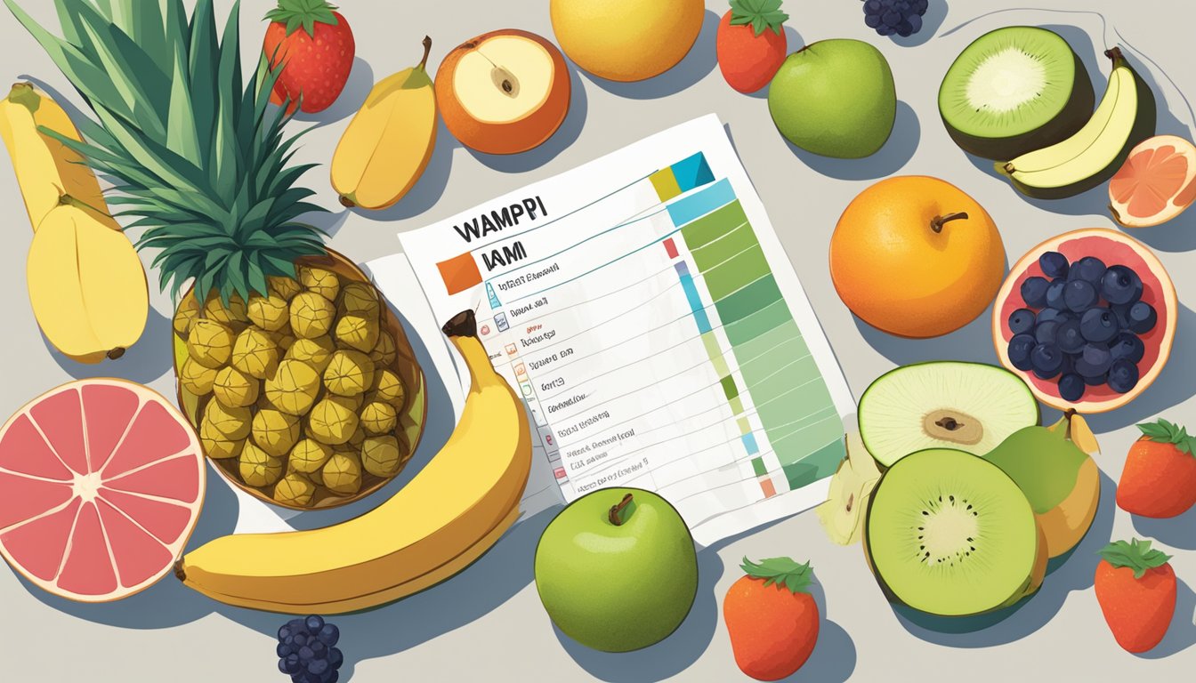 A variety of colorful fruits arranged on a table, including wampi, with a nutrition chart displayed next to them