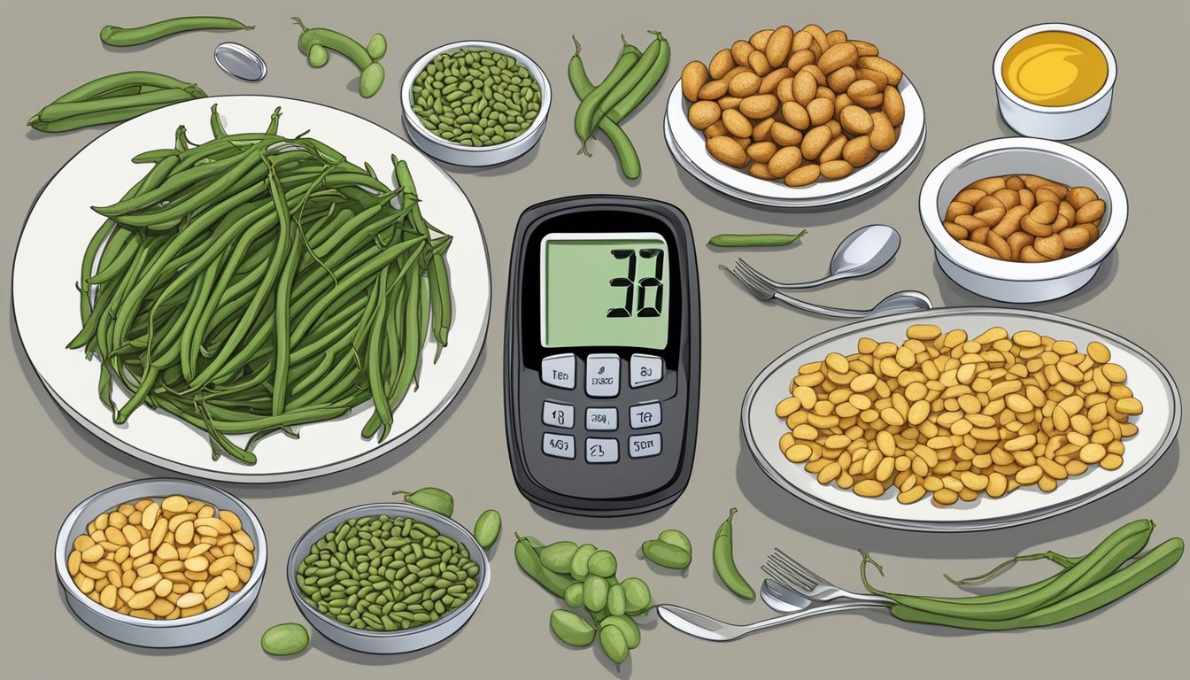 A plate of yardlong beans with a nutrition label, surrounded by a blood glucose monitor and diabetic-friendly foods